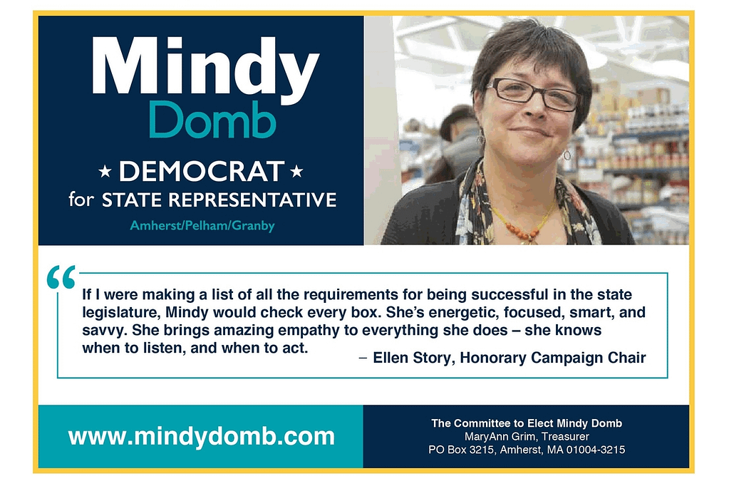 A postcard for state representative Mindy Domb with a quote from a consituent