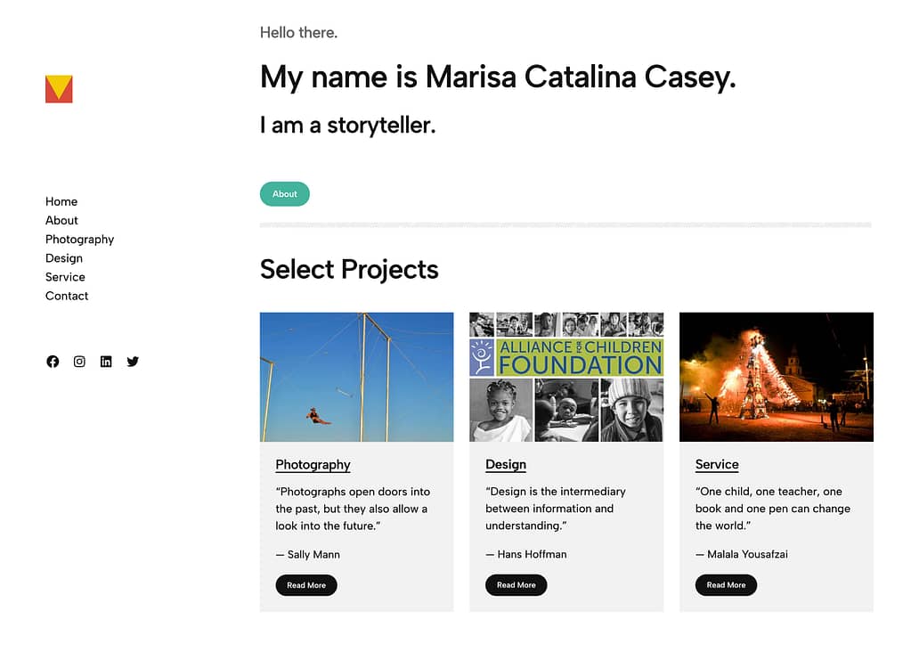 A previous iteration of this website showcasing Marisa Catalina Casey's work with three highlighted sections: photography, design, and service