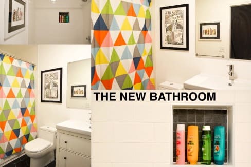A collage of images of a renovated bathroom with the words, "The New Bathroom" on top