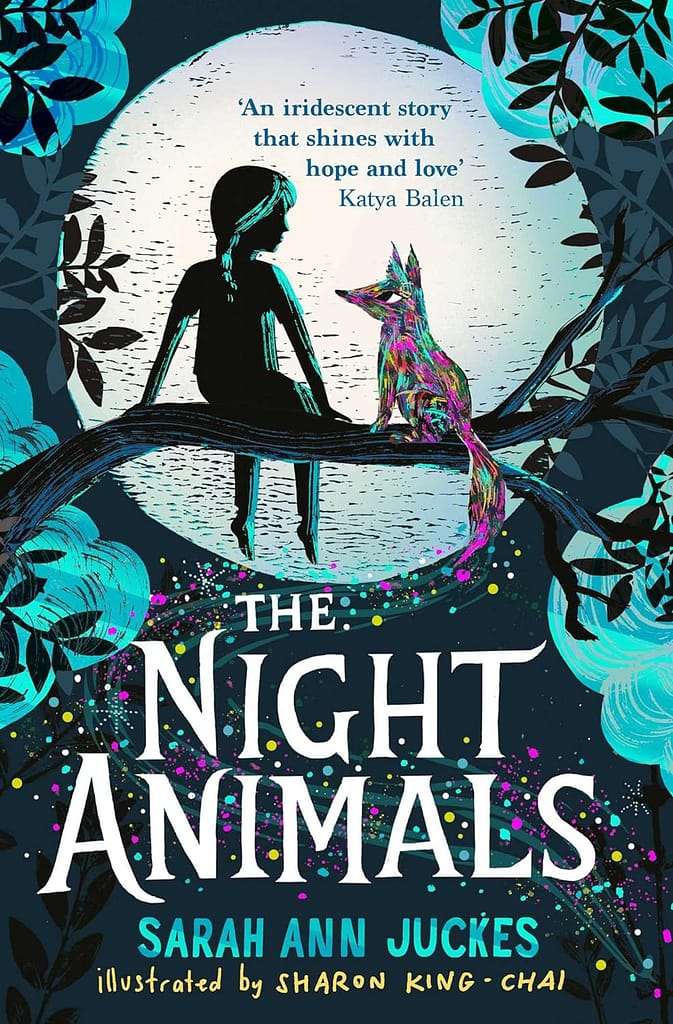 Book cover of "The Night Animals" showing a girl and a colorful fox sitting on a tree branch in front of a full moon