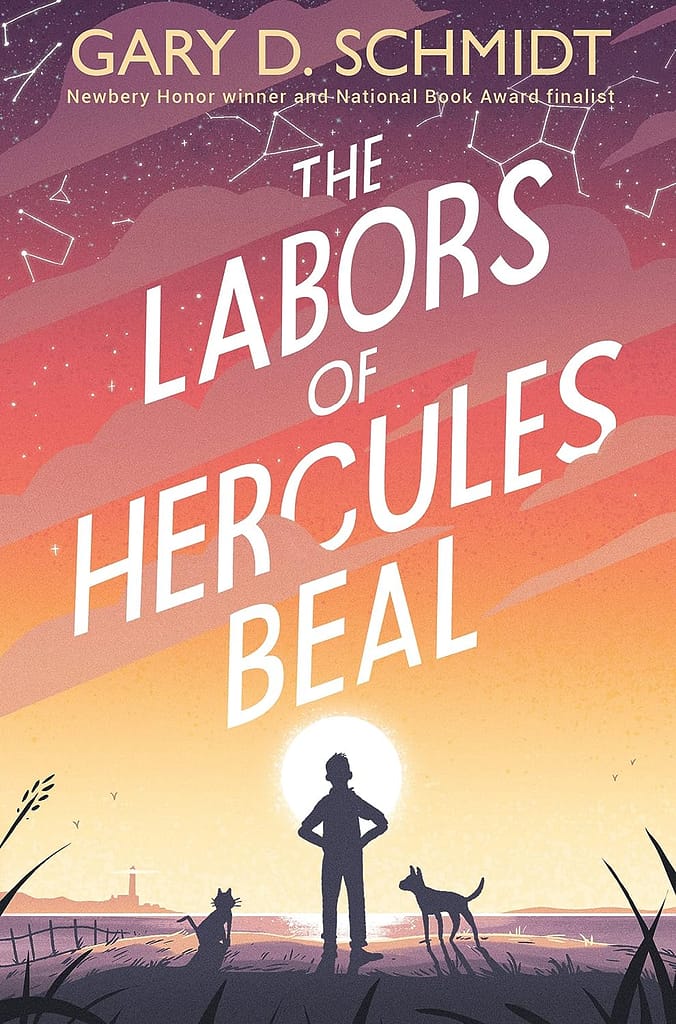 Book cover for, "The Labors of Hercules Beal" in which a boy, a cat, and a dog are silhouetted by the setting sun