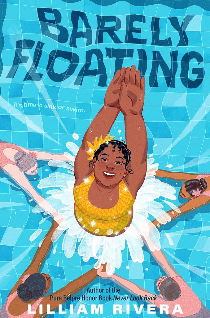 Cover of the book "Barely Floating" showing a girl in a pool in the middle of an artistic swimming star