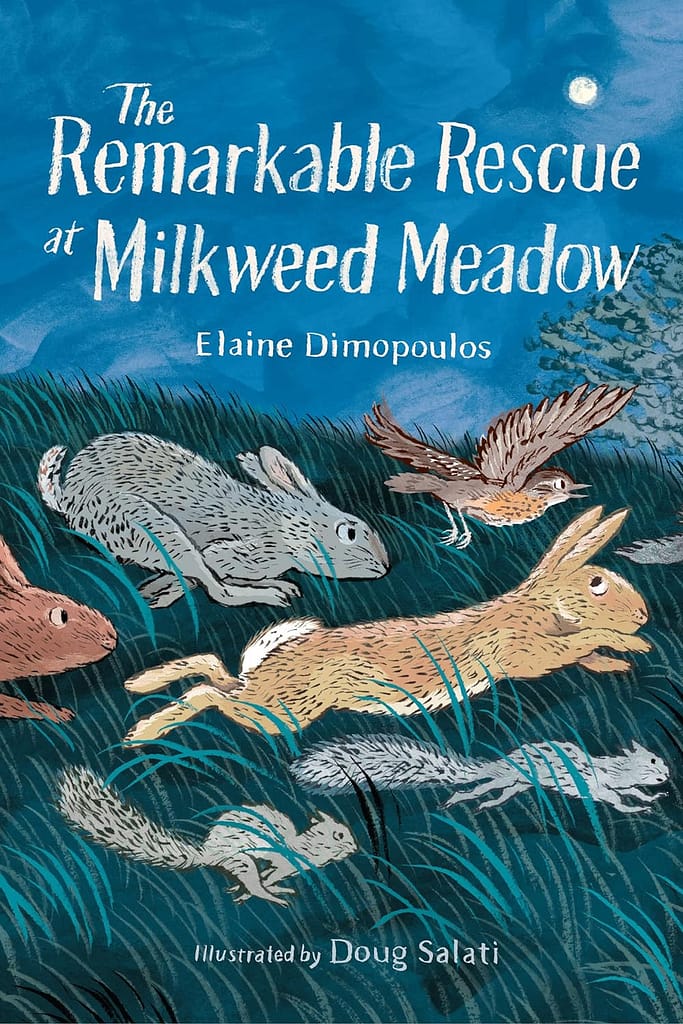 Book cover of "The Remarkable Rescue of Milkweed Meadow" with illustrated hares running through grass