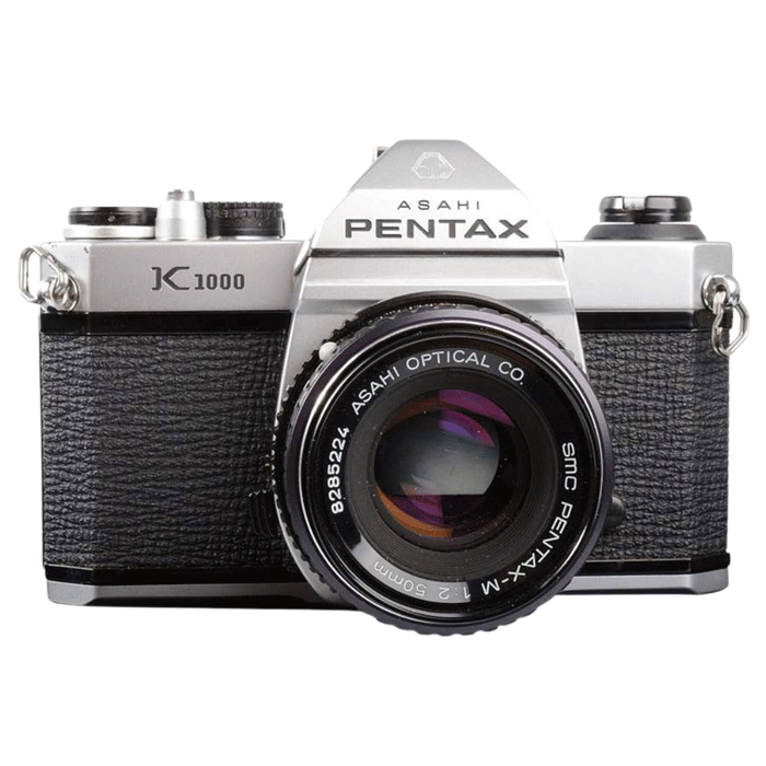 Silver and black Pentax K1000 film camera