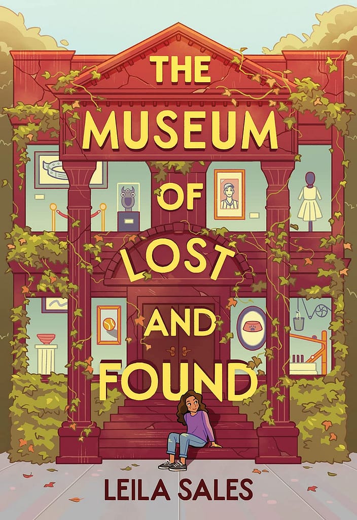 Book cover of "The Musuem of Lost and Found" showing a building and various characters and artworks visible through the windows of the facade