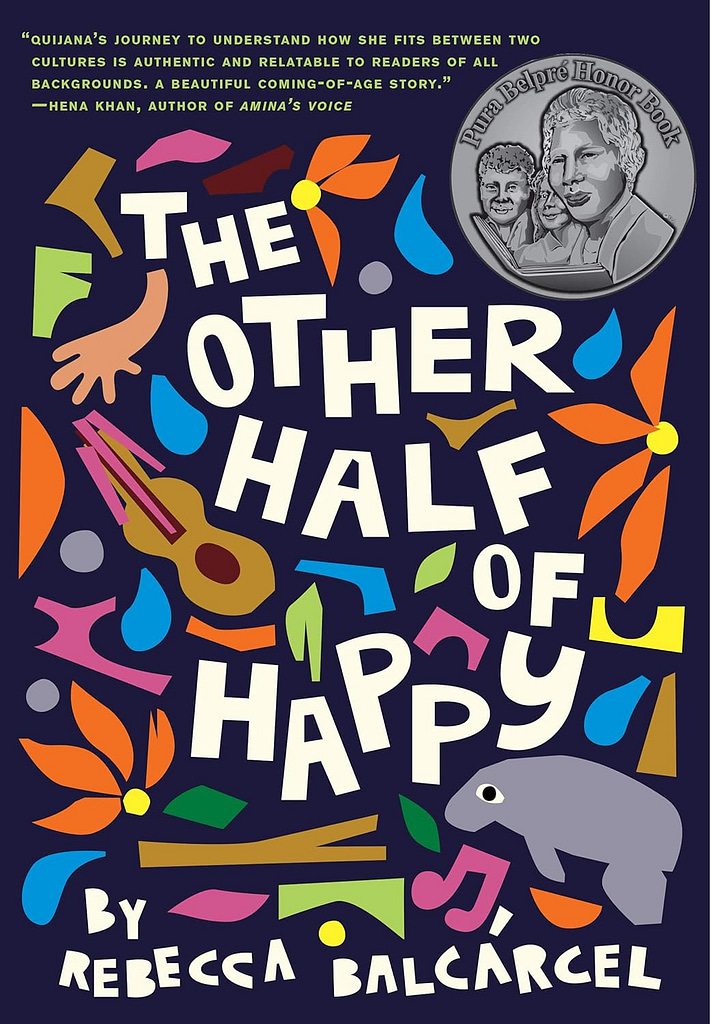 Book cover of "The Other  Half of Happy" with organic colorful shapes that look like paper cutouts including a guitar and flowers