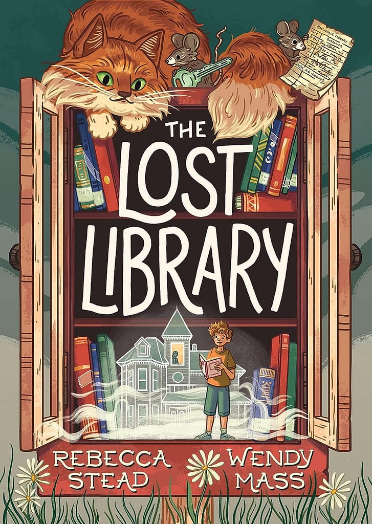 Book cover of "The Lost Library" showing an illustrated cat and mice sitting atop a wooden mini library filled with books and a picture of a boy and a mysterious house