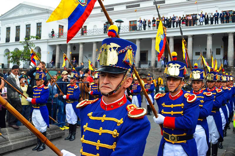 Ecuadorian soldiers in front of the Presidential Palace in Quito, Ecuador