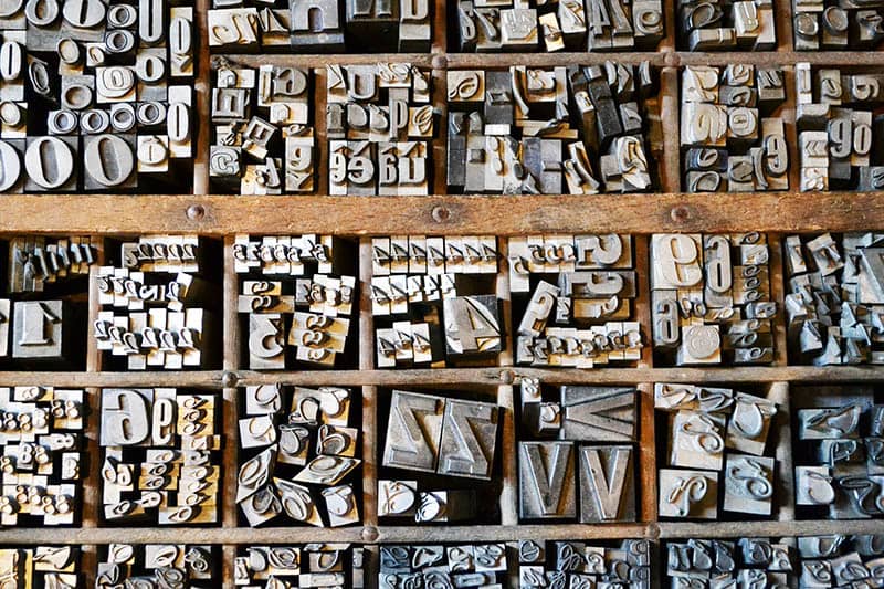 Moveable type arranged in a drawer seen from above