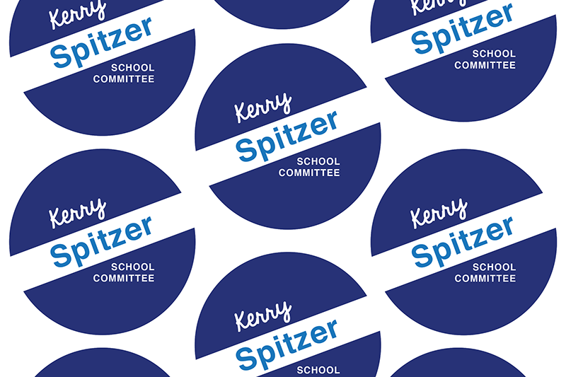Buttons advertising Kerry Spitzer for Amherst School Committee