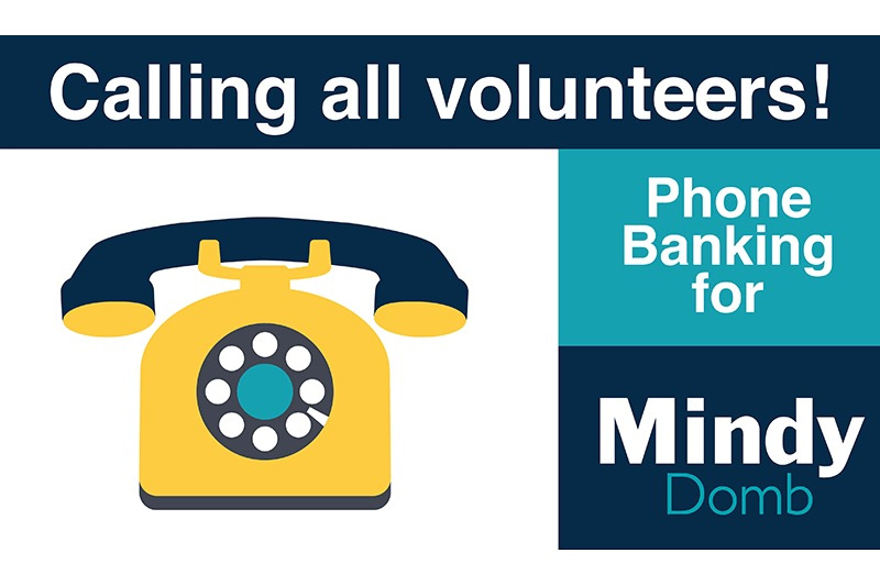A cartoon image of a phone with the words, "Calling all volunteers" on it to advertise phone banking for Mindy Domb
