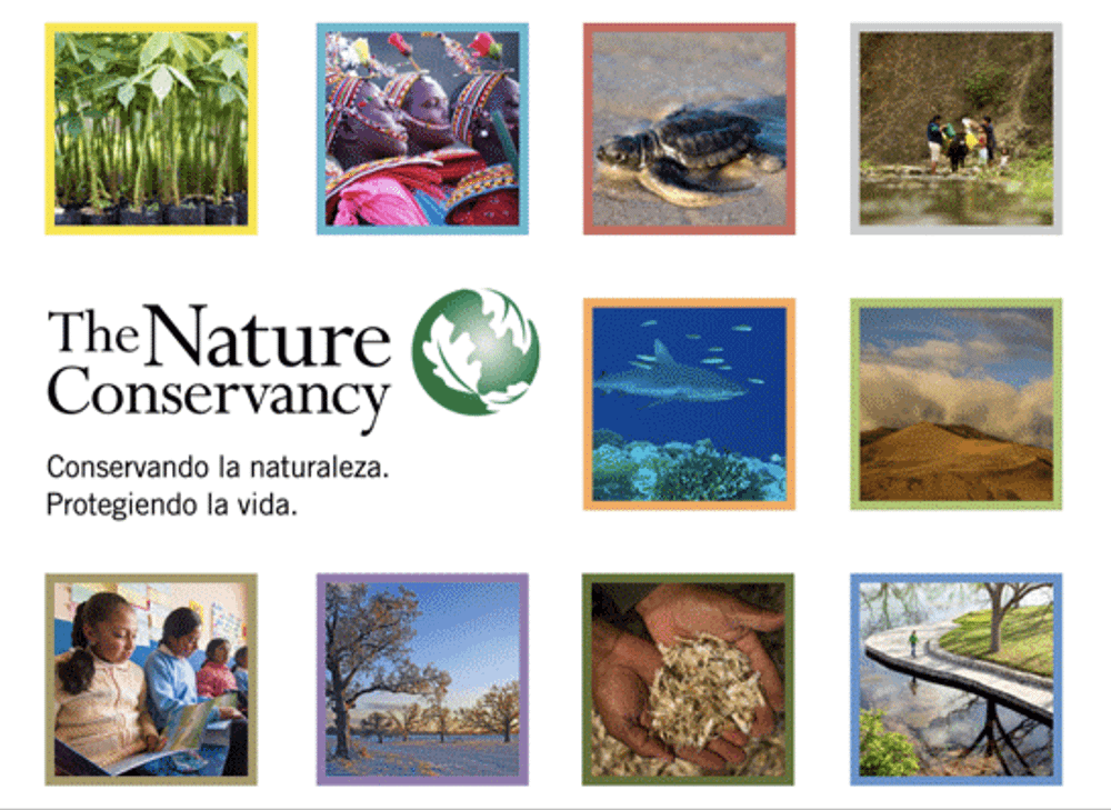 A presentation slide for The Nature Conservancy with vibrant global images